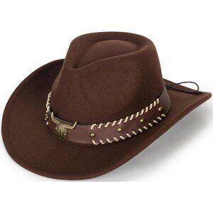 Unisex Brown Western With Bull Skull Buckle Band Fedora Felt Classic Cowboy Hat